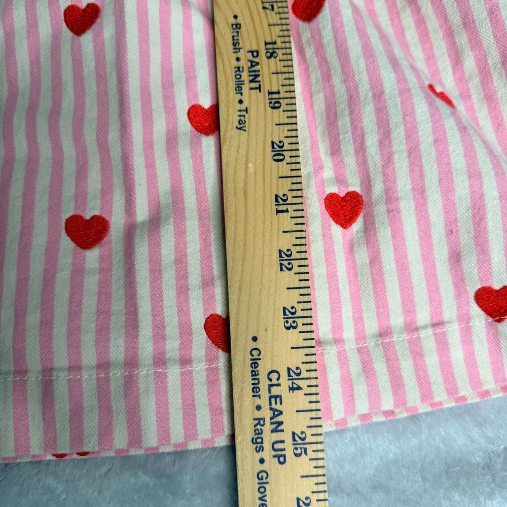 Mini Boden Girls Pink White Striped Red Heart Embroidered Denim Dress 6-7Y G5127